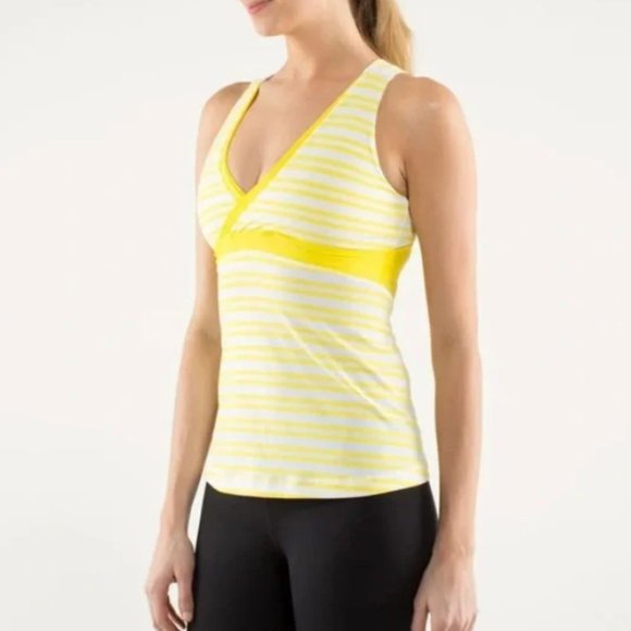 lululemon athletica Tops - Lululemon Deep V Tank Top Stretch Back Pocket Yellow Striped Shelf Bra S…